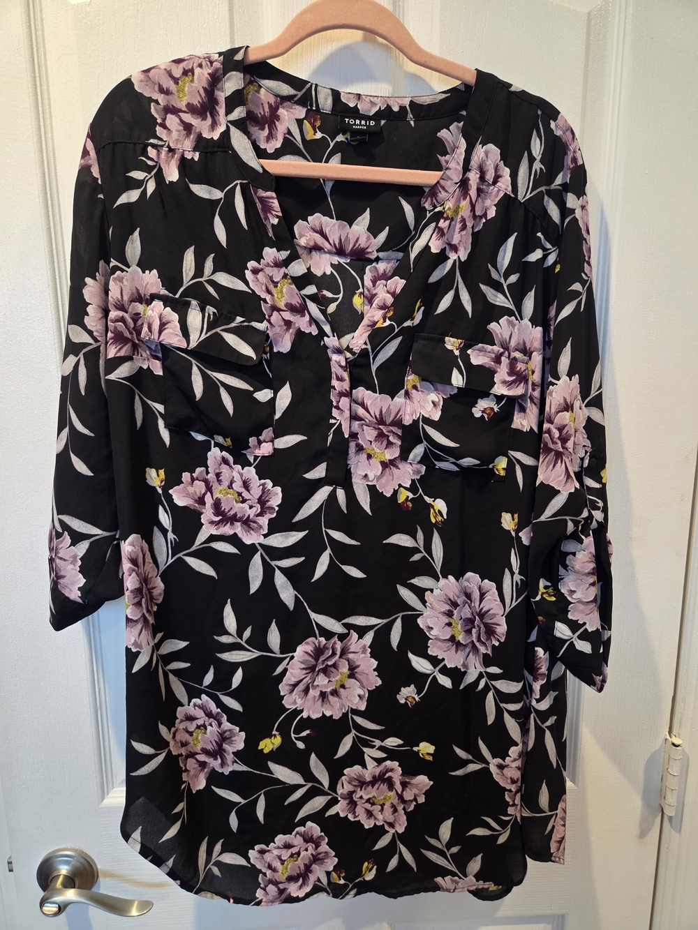 torrid Black Floral V-Neck Tunic with Lavender Blooms